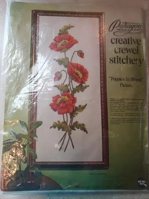 Vintage Paragon Needlecraft Crewel Embroidery Kit #0113 Poppies in Bloom, Sealed