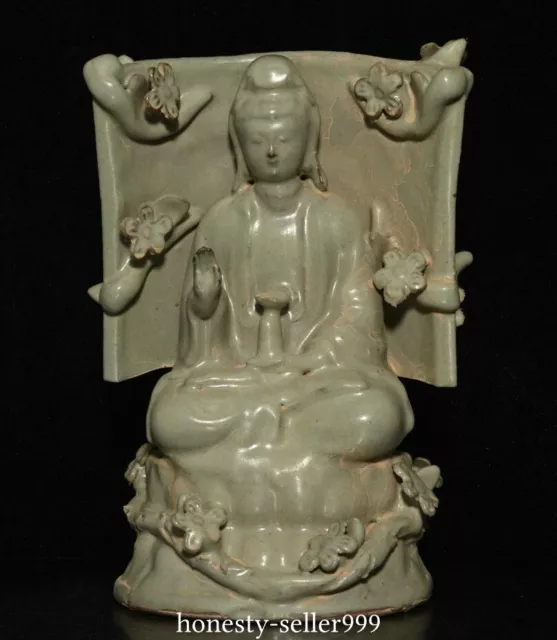 8.8'' Old Ru Kiln Porcelain Peach Flower Kwan-yin Guan Yin Boddhisattva Statue