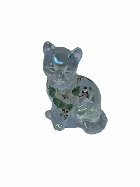 Fenton Glass White Iridescent Cat Figurine Christmas Hand Painted