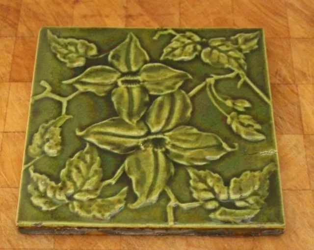 Antique English Raised Majolica Green Floral Design Tile