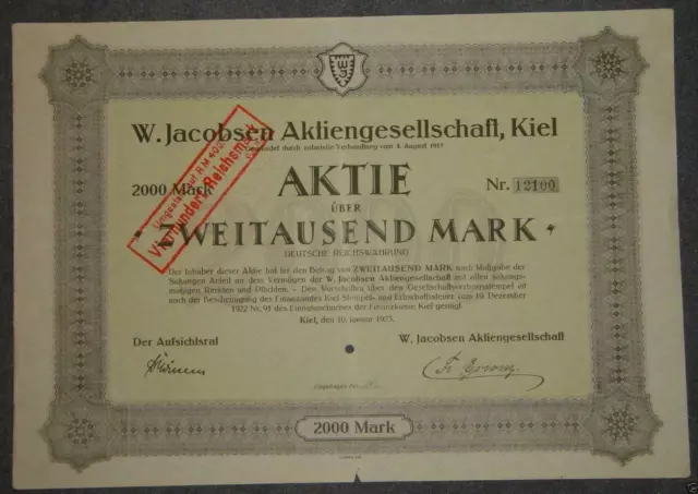 W. Jacobsen Aktiengesellschaft 1923 2000 Mark