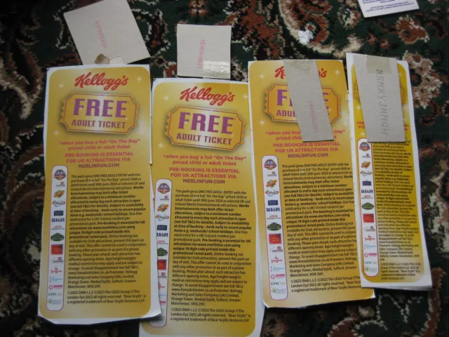 4x KELLOGG'S VOUCHERS-FREE ENTRY 1 ADULT/CHILD, VALID UNTIL 31/12/2023 -MERLIN