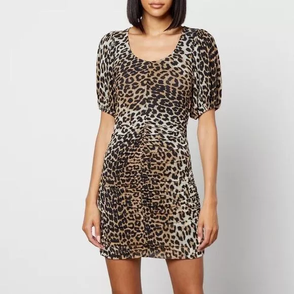 NWT Ganni Puff Sleeve Leopard Seedpearl Print Mini Dress Ruched Party Sz 40