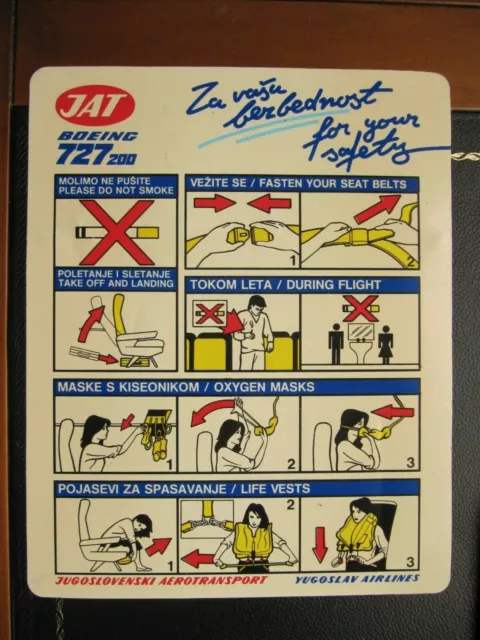 JAT YUGOSLAV AIRLINES safety card BOEING B727-200 old airline memorabilia