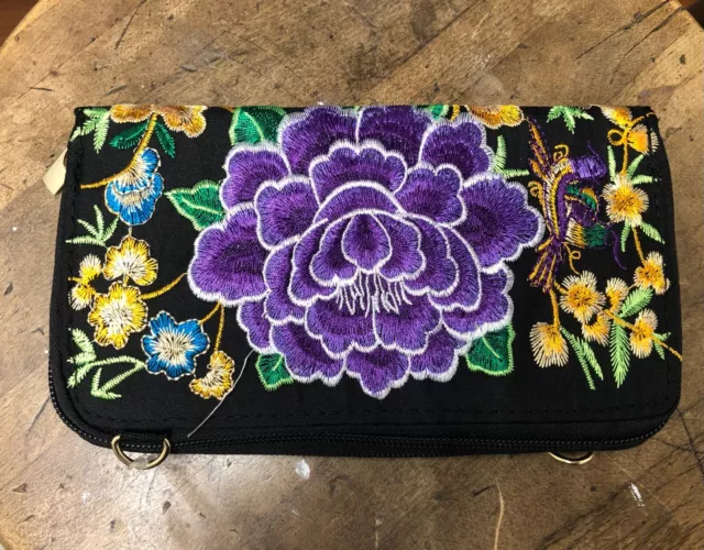 Purple Mexican Style Embroidered Wallet for Women, Floral Purse Shoulder Strap