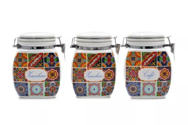 Set Tris Barattoli Cucina in Ceramica Sale Zucchero Caffe' Decoro Sicily