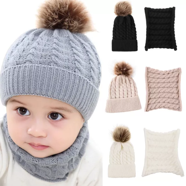 Toddler Kids Winter Warm Knitted Bobble Beanie Cap Baby Boys Girls Hat Scarf Set
