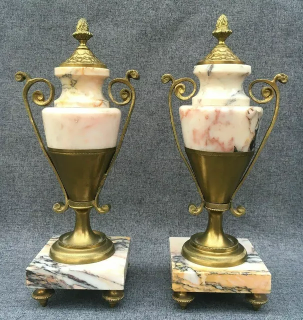 Heavy Antique Pair of Louis XVI Decorative Vases 19th Century Bronze Marble Rare