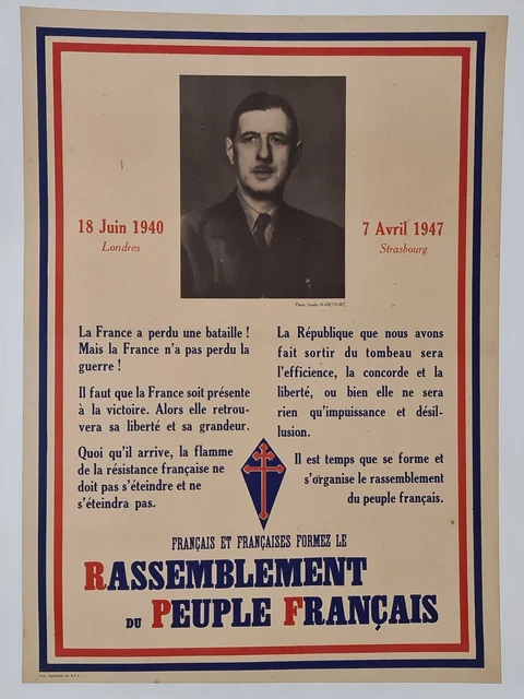 Affiche Armentières RPF De Gaulle 1947 Peuple français ancien résistant FFI ww2 - Collection