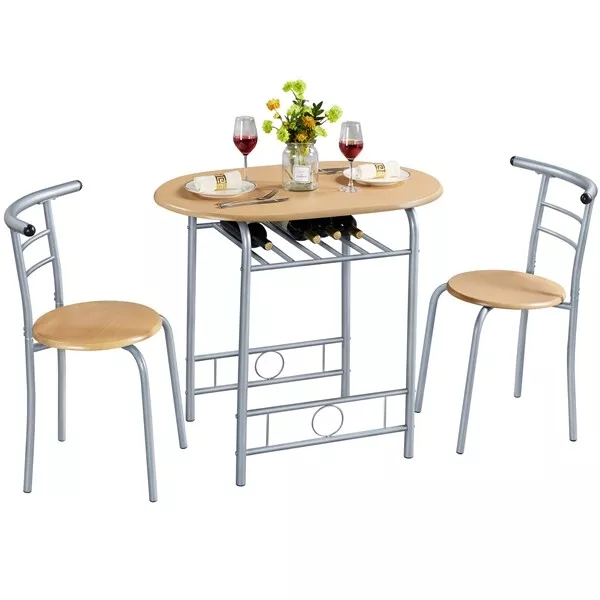 Compact Dining Room Set, 3 Piece Kitchen Breakfast Bar Table with Storage Shelf