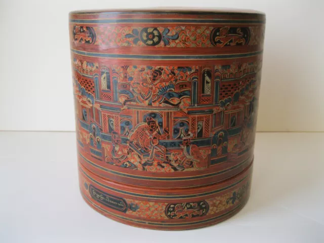 Antique Burmese Lacquer food Box with Painted Scenes From Myanmar
