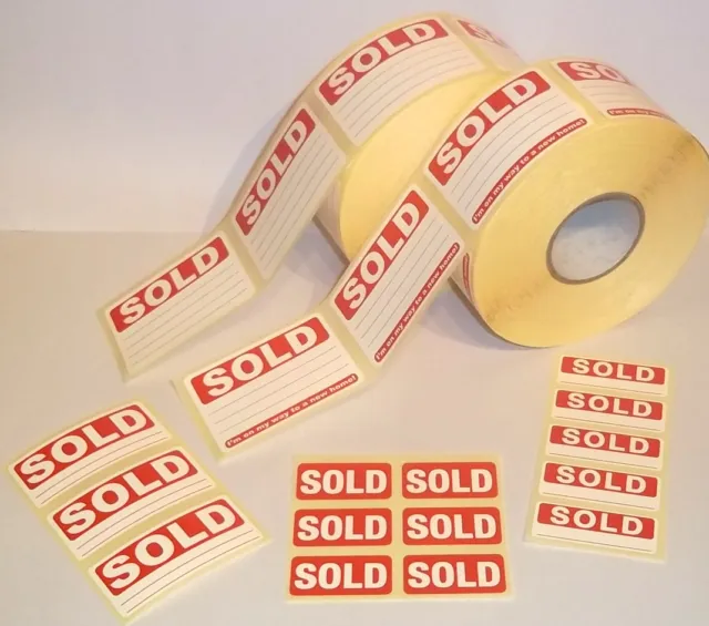 Bright Red SOLD Stickers Tags Labels / Sticky Labels - Removable Adhesive