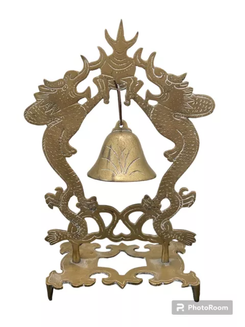 Chinese Dragon Brass Gong Bell Double Dragon Patina Meditation Altar Bell Stand