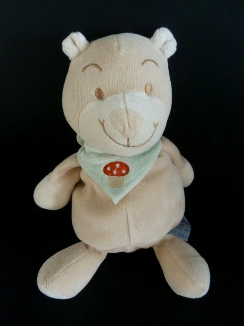 A8. DOUDOU PELUCHE OURS KING BEAR Beige écru blanc vert champignon grelot -TTBE