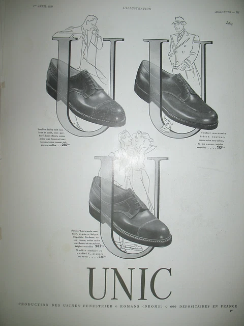 Publicite De Presse Unic Chaussure Soulier Moccassin Derby Luz French Ad 1939