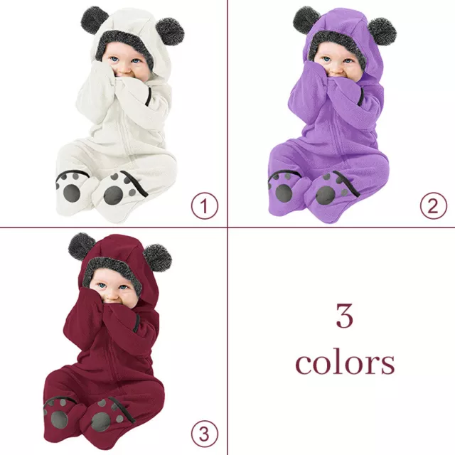 Newborn Baby Boys Girls Fleece Jumpsuit Hooded Romper Coat Outwear Winter Warm