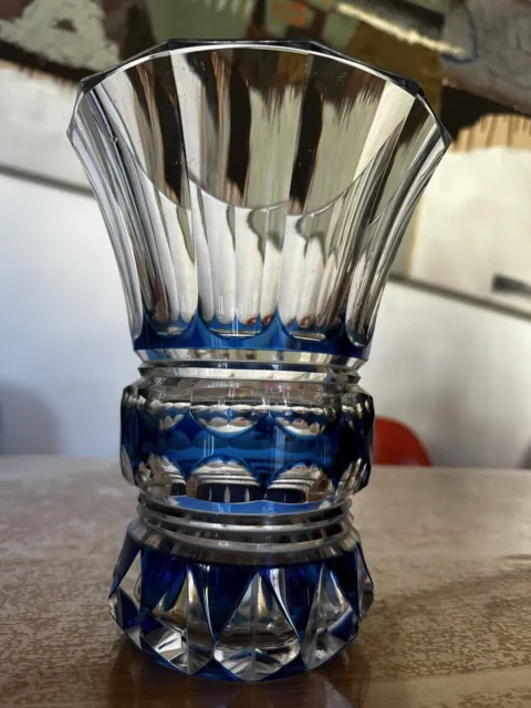 - GRAND VASE CRISTAL VAL ST LAMBERT BI COLORE Bleu signé à la Pointe 2