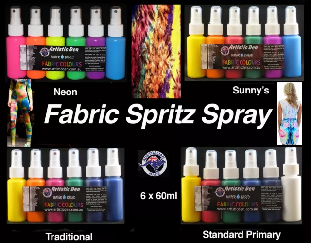 Spritz Fabric Paints Fabric Spray Paint  6 x 60ml UV Neon Sunnys Primary