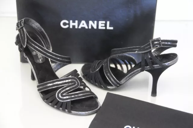 NEW CHANEL BLACK Pearls Satin Heels Strappy Sandals Shoes Hells 38.5  £669.98 - PicClick UK