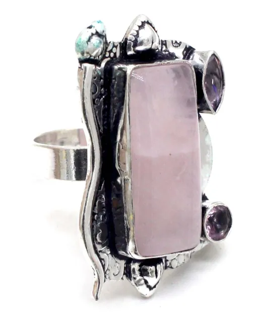925 Sterling Silver Rose Quartz & Amethyst Gemstone Jewelry (US) Ring Size-8"