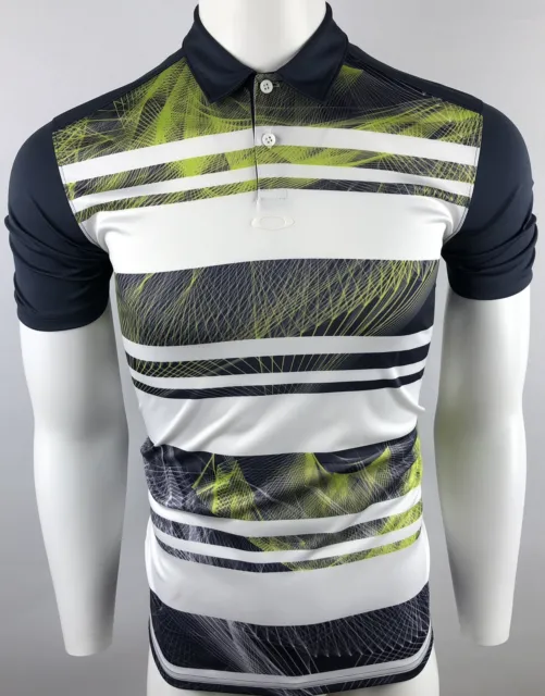 Oakley Mens Legacy Golf Polo Shirt Gray Green White Short Sleeve Striped M