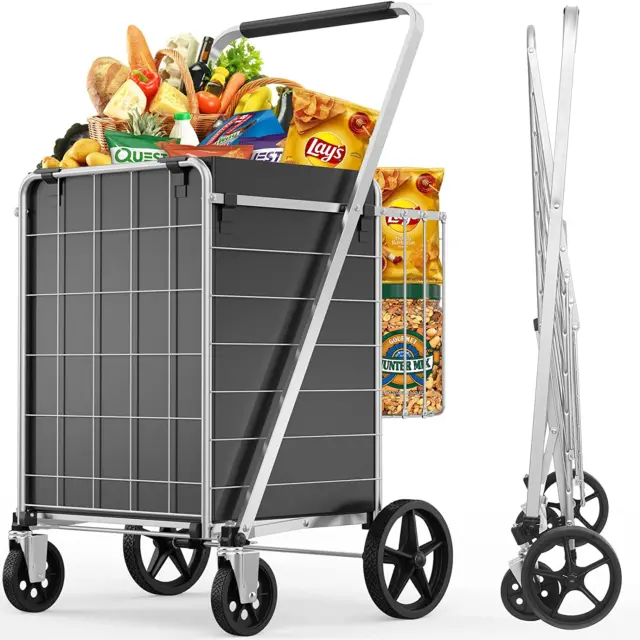 Jumbo Folding Shopping Cart - Grocery Utility Cart with Swivel Wheels Silver