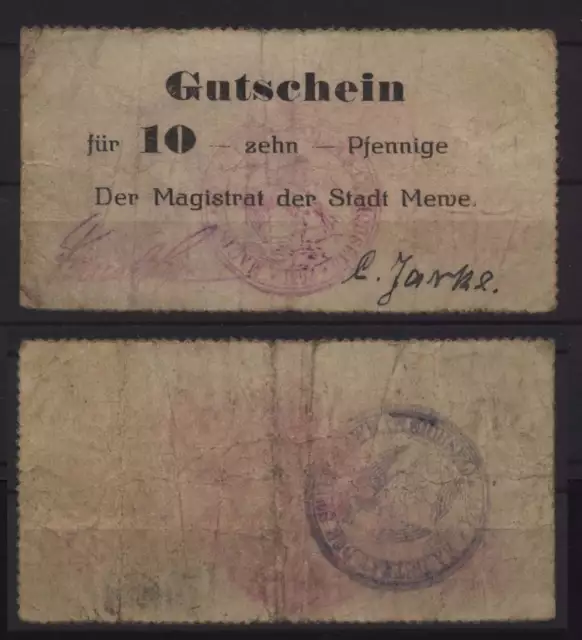 [17232] - NOTGELD MEWE (heute: Gniew), Stadt, 10 Pf, o. D. (1914). Dießner 233.1