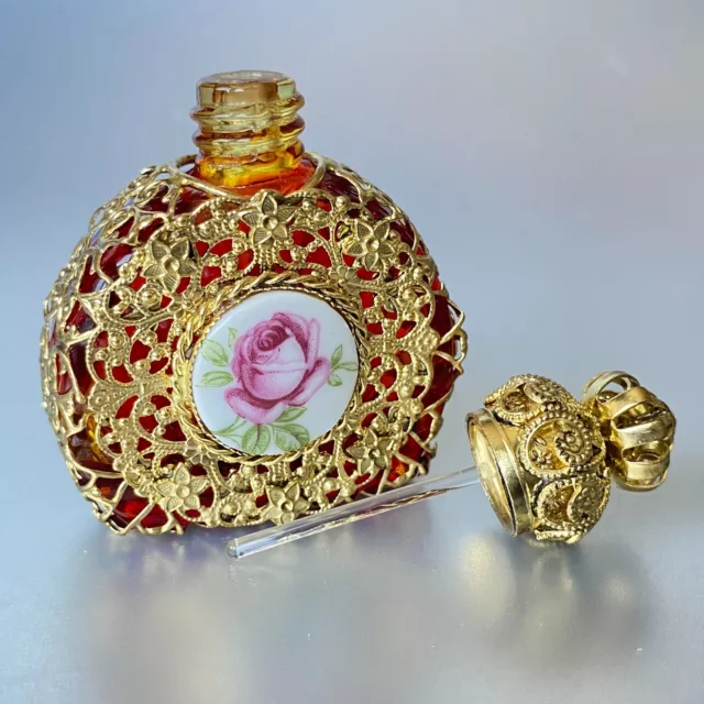 Bottle for Perfume Czech Glass Gold Filigree Tone Enamel Rose Parfume Bottle 3