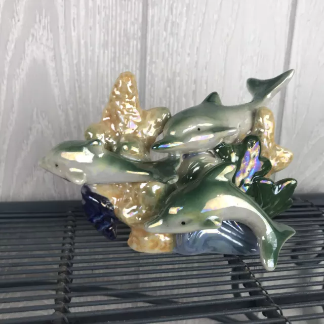 Vintage Dolphin Pod Family On Waves Figurine Luster Iridescent Green Decorative