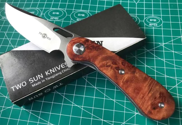 TwoSun Knives Tepe Designs D2 Burl Wood Flipper Folding Knife TS134-Wood-D2