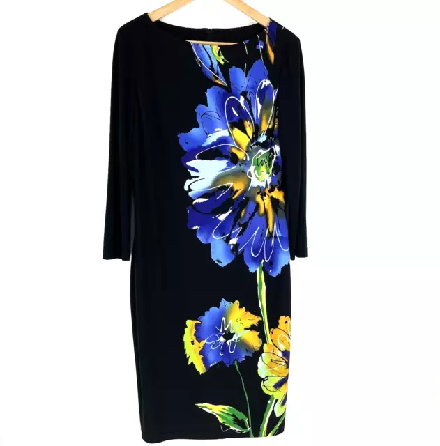 JOSEPH RIBKOFF DRESS Size US 12 Black Sheath Midi Black Slinky Floral ...