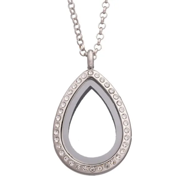 AU New Teardrop Living Memory Floating Crystal Glass Locket Pendant Necklace