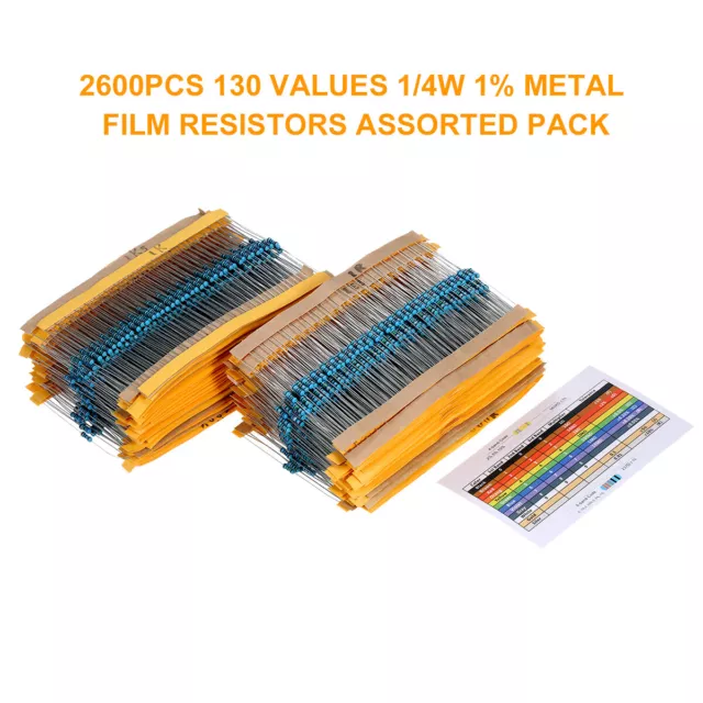 2600Pcs 130 Values 1/4W 0.25W 1% Metal Film Resistors Assorted Pack Kit + Box 2