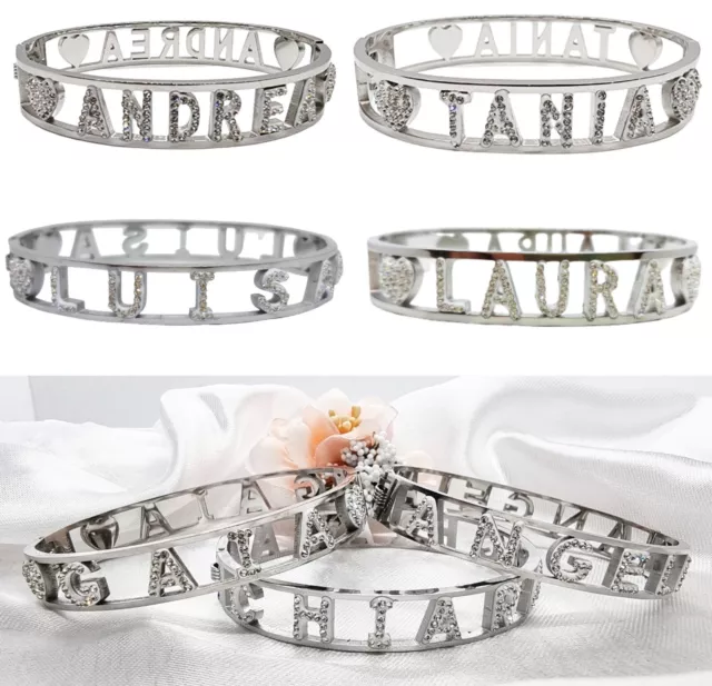 Bracciale da donna rigido con nome in acciaio inox colore argento con zirconi