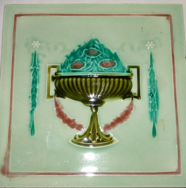 ANTIQUE MINTON ART NOUVEAU TUBLINE MAJOLICA TILE 6in x 6in, COLLECTIBLE c1890. 2