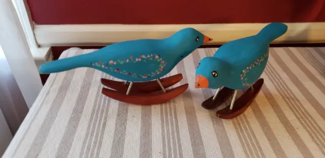 Vintage Folk Art Wooden Hand Carved Rocking Hand Painted Pair Of Blue Birds
