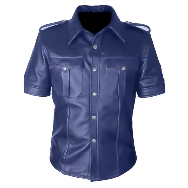 Mens Genuine Lambskin Leather Gay Police Uniform Bluf Military Style Sexy Shirt