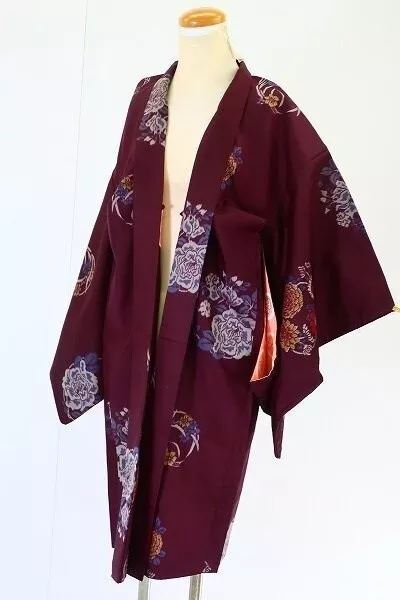Antique Japanese kimono SILK"NAGA-BAORI"Meisen,Bordeaux Taisho 1919~, 38.6".3786