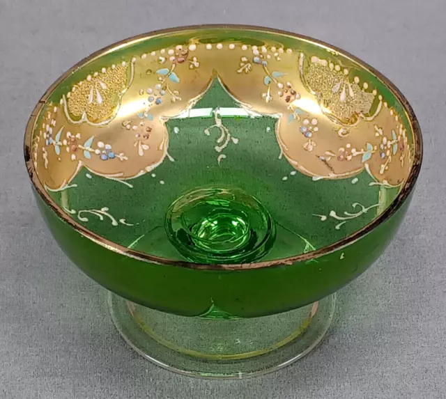 Late 19th Century Bohemian Floral Enamel Gold & Green Small Glass Compote