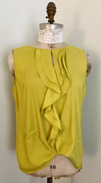 SALE! Tahari Arthur Levine Ruffle Blouse Acid Yellow SZ M Easy Care Career