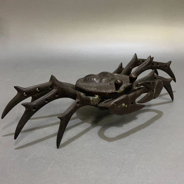 CRAB Bronze Statue 10.2 inch Japanese Antique Old Metal Figurine Figure Art