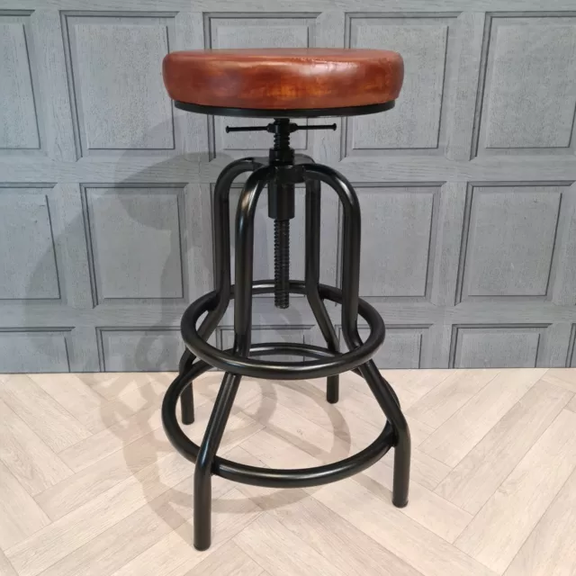 Vintage Industrial Height Adjustable Kitchen Bar Stool, Brown Real Leather, Cafe