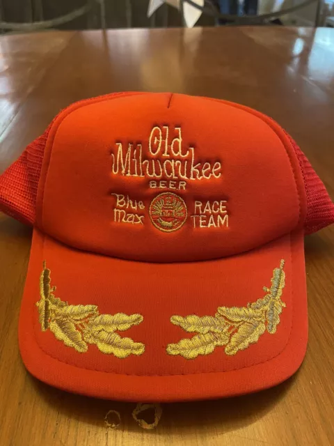 VTG Old Milwaukee Beer Blue Max Race Team Hat Mesh Trucker Style Baseball Cap