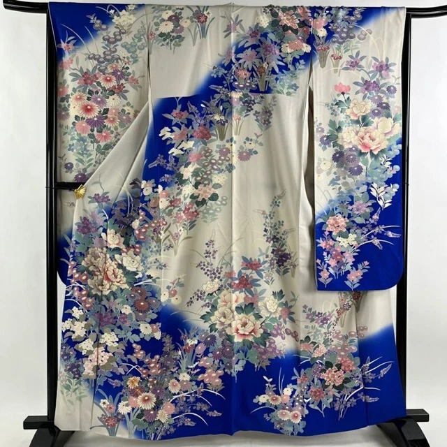 Japanese Kimono Furisode Pure Silk Peony Chrysanthemum Gold Paint Blue Color