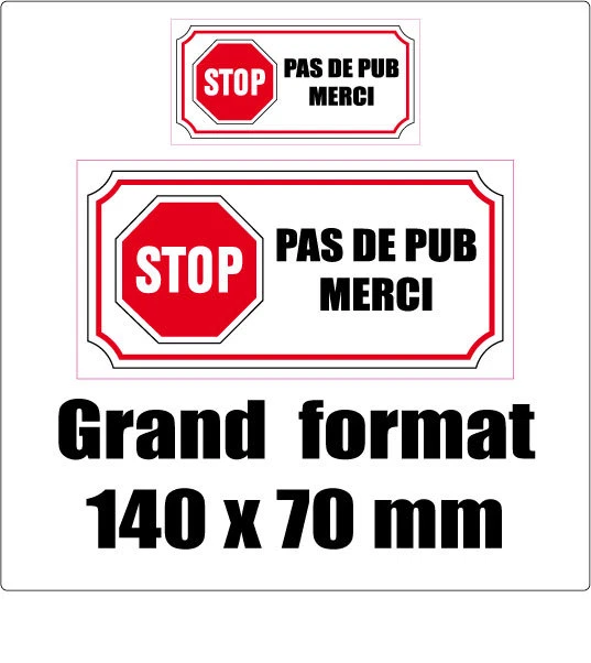 GRAND STICKER AUTOCOLLANT STOP PAS DE PUB MERCI boite aux lettres 14x7