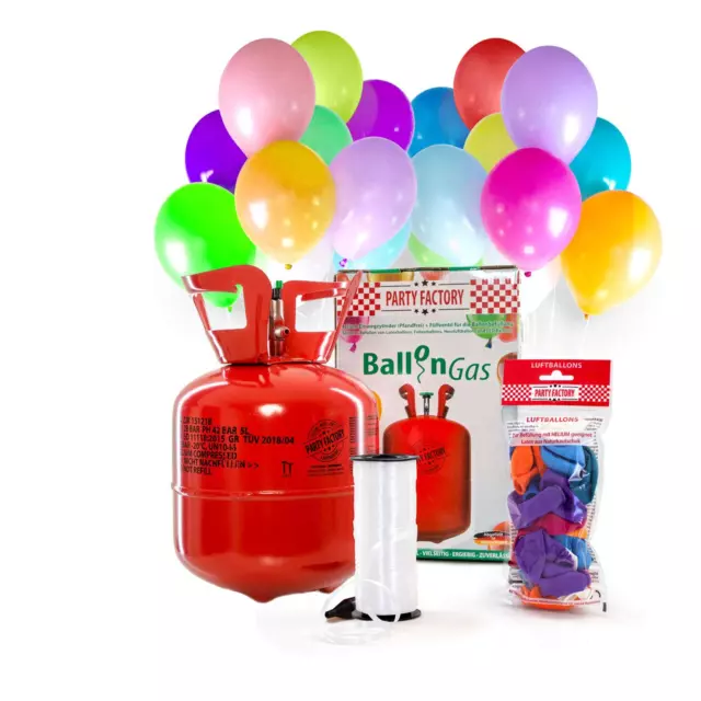Ballongas Helium im Set mit 20 Luftballons, Einwegflasche Heliumgas 0,14m³