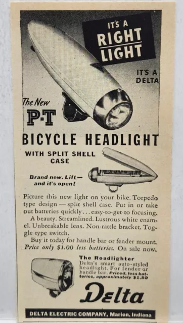 1946 Delta Electric P-T Bicycle Headlight Print Ad Man Cave Art Deco Marion IN