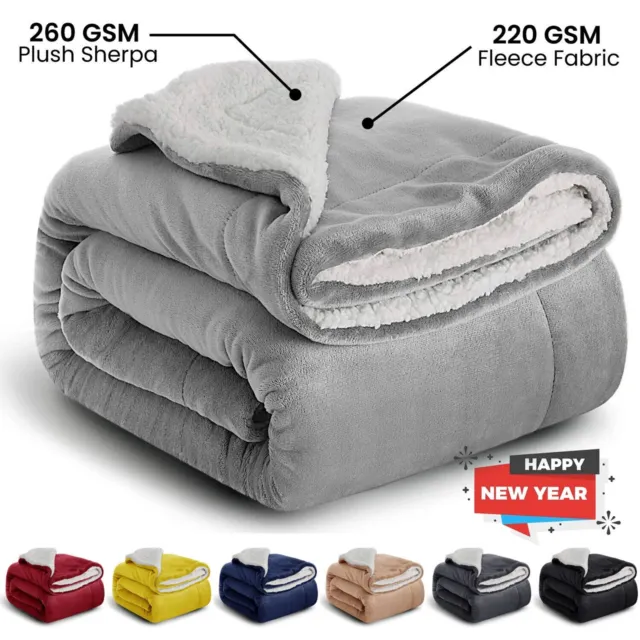 500 GSM Heavy Sherpa Fleece Blanket Soft Warm Bed Sofa Throw Weighted Blanket UK