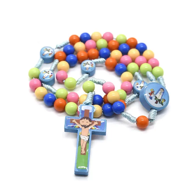 Cartoon Cross Pendant Necklace Kid Rosary Beads Catholic Religious Jewe~xp G1
