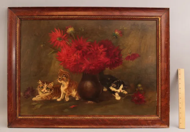 1904 Antique Signed Stillife Oil Painting of Kittens & Red Dhalia Flowers